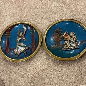 Vintage enamel on copper 2 Decorative Plates  from Israel 6 1/4 inch round